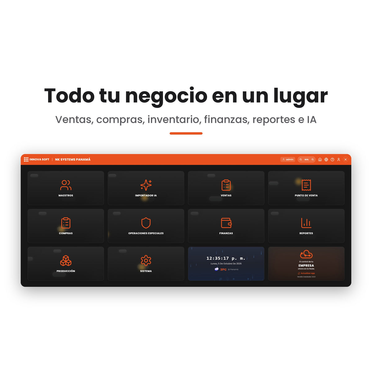 Menú principal de Innova Emisión: ventas, compras, inventario, finanzas y reportes
