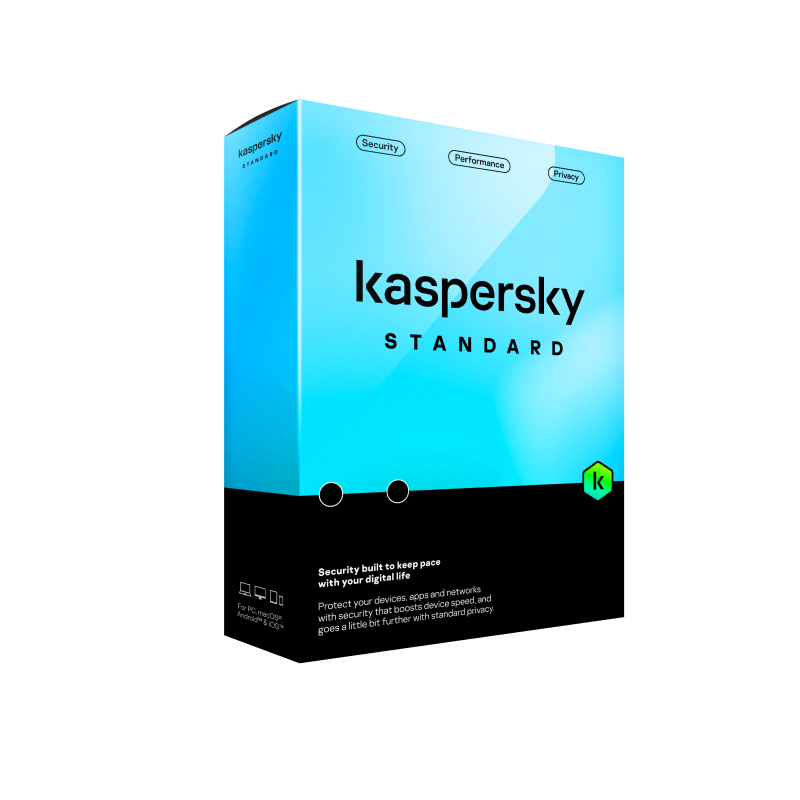 Caja de Kaspersky Standard, antivirus para Windows, Mac, Android e iOS