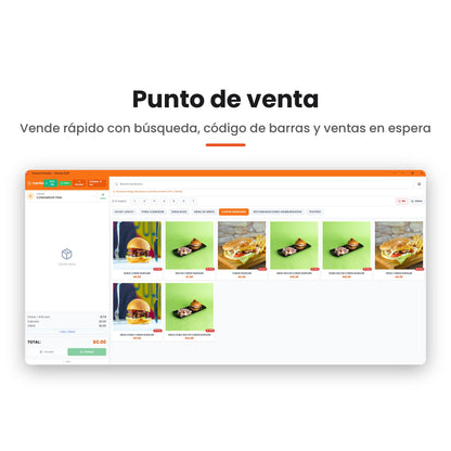 Pantalla de punto de venta de Innova Emisión con búsqueda de productos y carrito