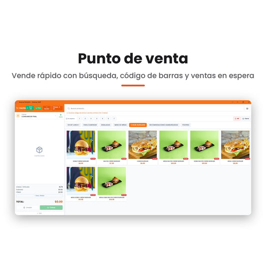 Pantalla de punto de venta de Innova Emisión con búsqueda de productos y carrito