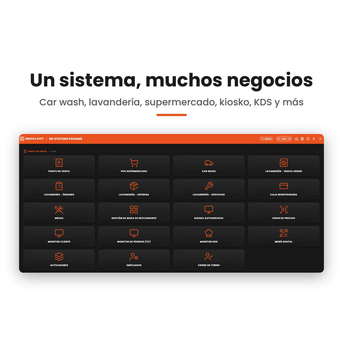 Modos de Innova Emisión: car wash, lavandería, supermercado, kiosko y monitor de cocina