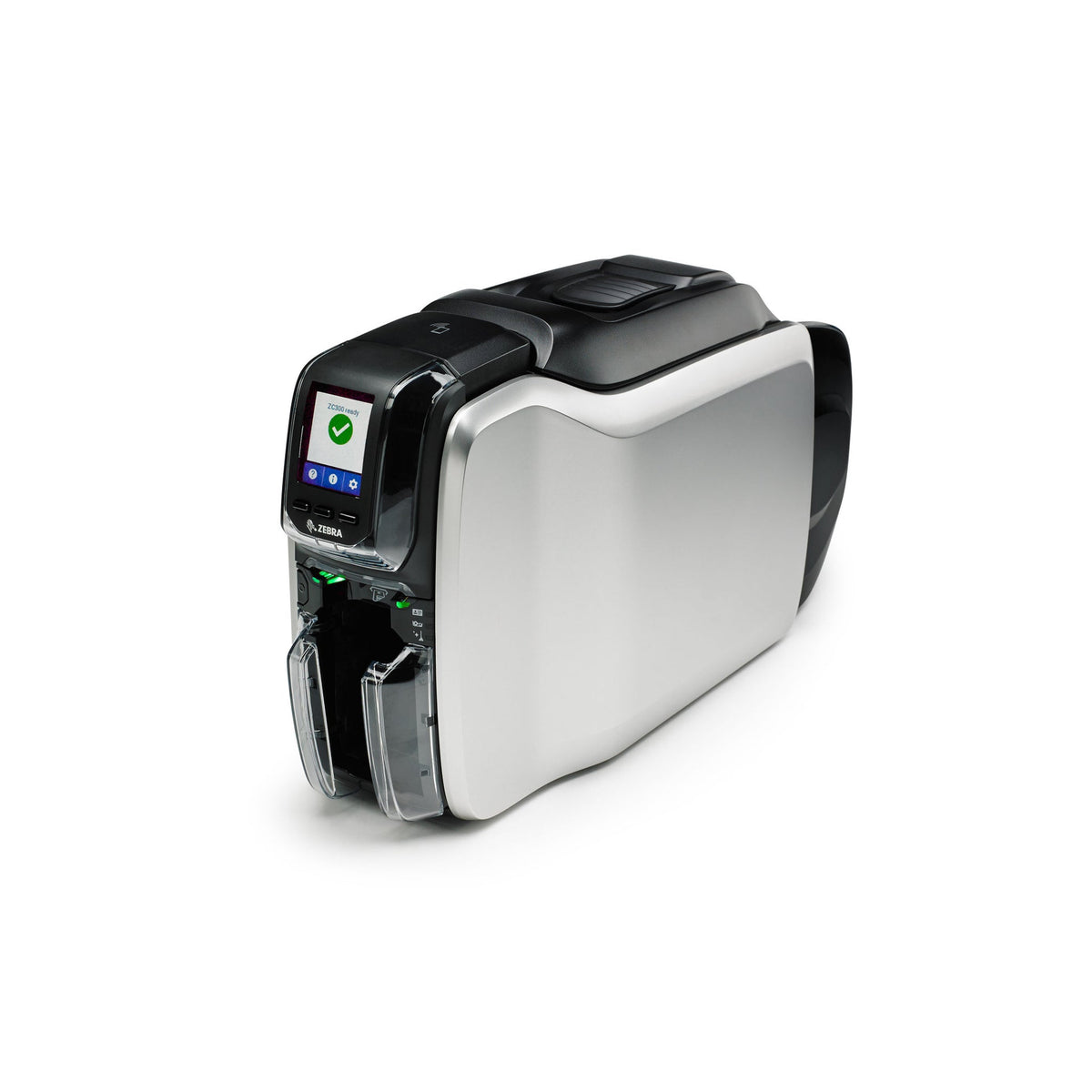 Impresora de carnets Zebra ZC300 vista frontal izquierda